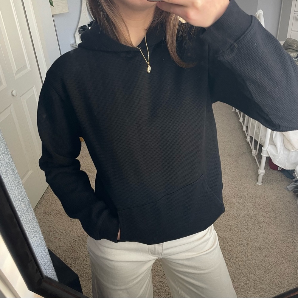 Black Hooded Waffle-Knit Sweatshirt